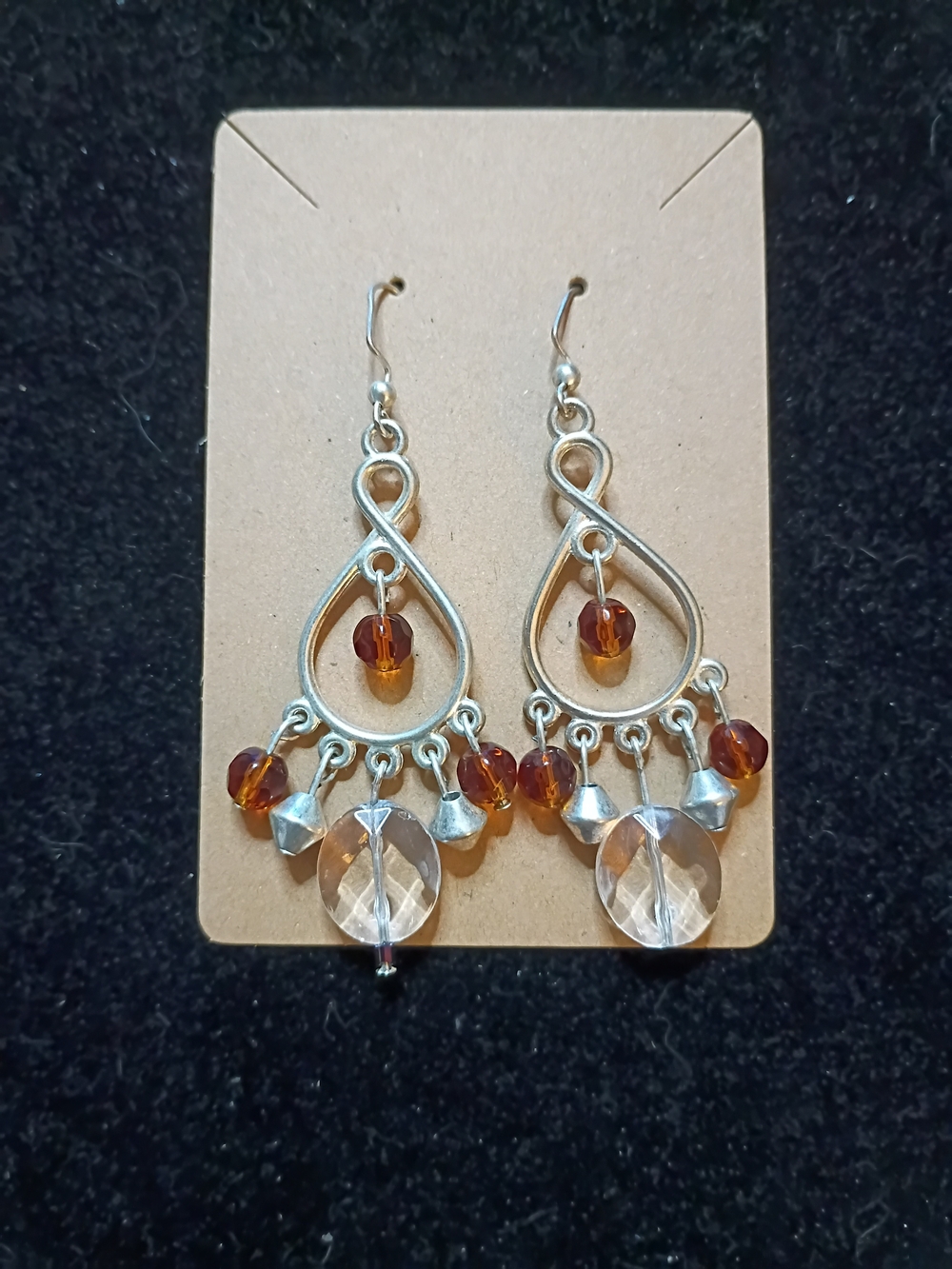 Silver-Tone Teardrop Dangle Earrings with Amber and Clear Beads